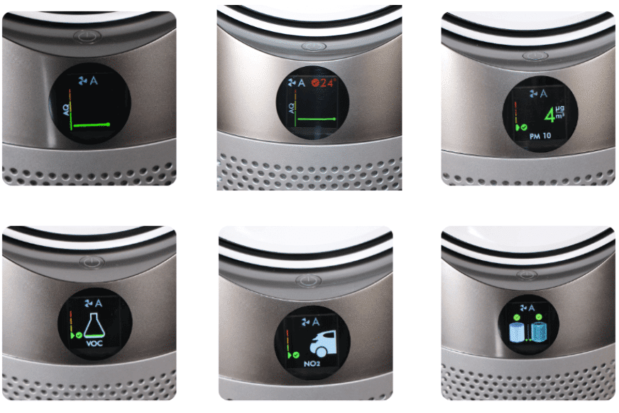 Das Display des Heizlüfters und des Luftreinigers zeigt unterschiedliche Messwerte der Luftqualität an.